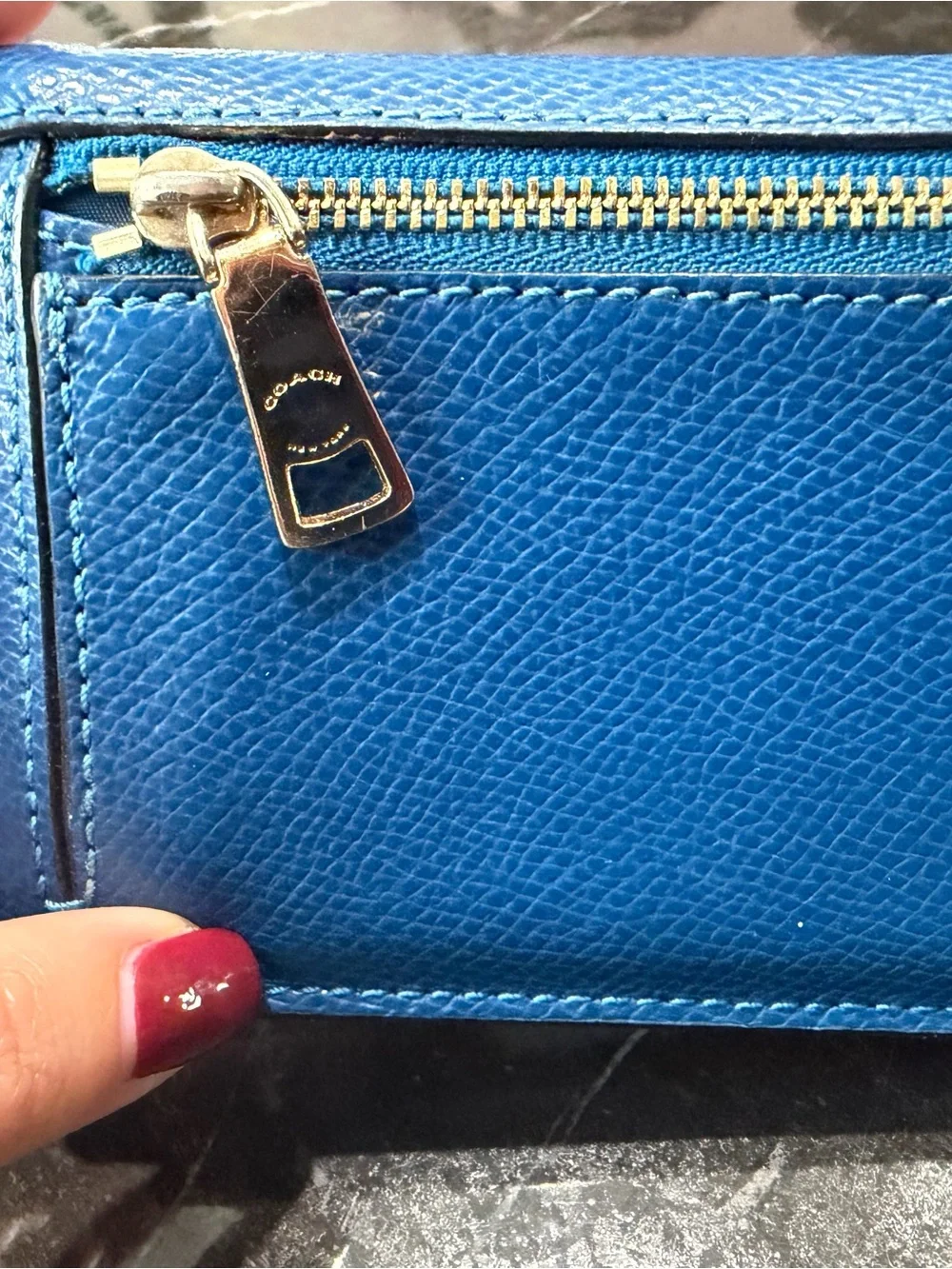 Coach Cobalt Blue Pebbled Leather Continental Wallet with Gold Hardware